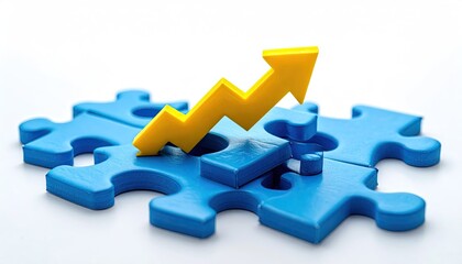 Growing pieces of a puzzle.  A yellow upward trend graphic sits atop blue puzzle pieces