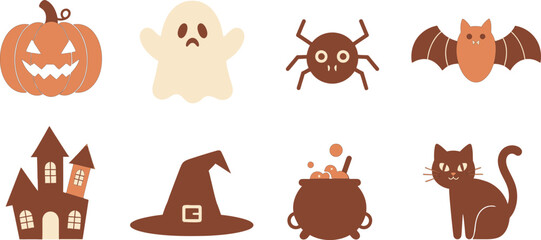 Collection of Spooky Halloween Icons featuring a Pumpkin, Ghost, Spider, Bat, Haunted House, Witch Hat, Cauldron, and Cat