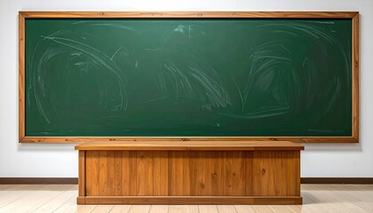 Empty classroom chalkboard with wooden table