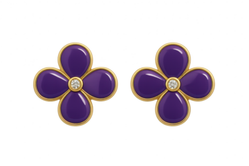 Purple enamel gold flower earrings, diamonds, isolated on transparent background.