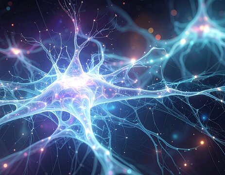 A complex network of glowing neurons