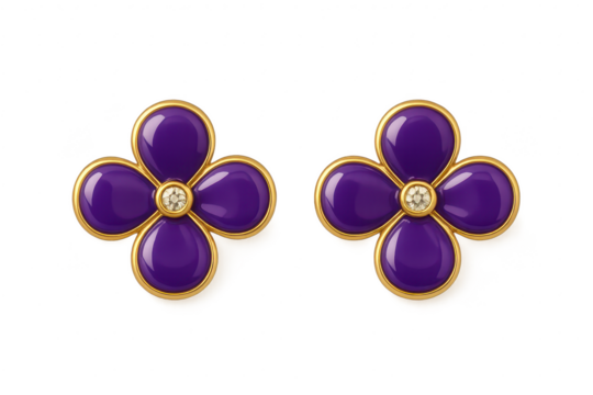 Vibrant purple and gold flower earrings isolated on transparent background