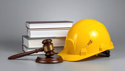 Wooden gavel, hardhat, and books on gray surface