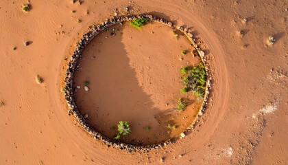 Aerial view of a circular stone structure in a desert