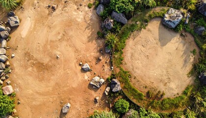 Aerial view of two circular, barren areas surrounded by rocks and greenery