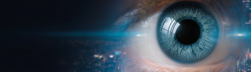 Naklejka premium Blue eye with cityscape background detailed close up view detailed close up shot capturing striking blue eye urban cityscape visible in background evoking contemplation.