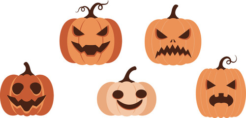 Various Halloween Pumpkins with Different Carved Faces and Expressions, Perfect for Spooky Decorations