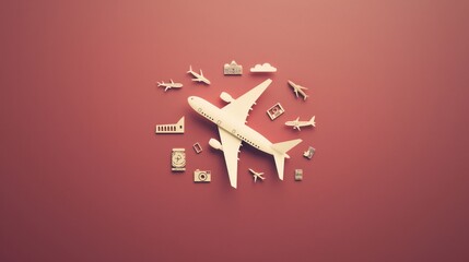 Surreal Travel Collage with Vintage Airplane and Business Icons on Retro background, ideal for minimalist design and creative branding.