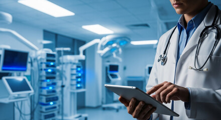 Doctor's Hands on Digital Tablet in High-Tech Medical Room with Blue Lit Equipment