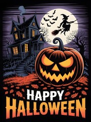 Vintage Halloween Jack-o'-Lantern with Bats on Transparent Background

