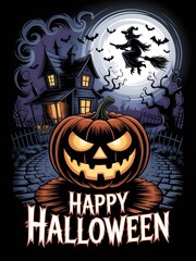 Vintage Halloween Jack-o'-Lantern with Bats on Transparent Background

