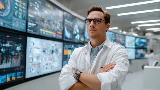 Tech Visionary: An assured individual, donning glasses and a lab coat, poses confidently before an array of technological displays, embodying intelligence and technological aptitude.