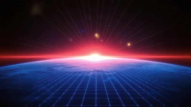 Futuristic Digital Landscape with Cosmic Horizon and Neon Glow Illustration of Earth in Outer Space Environment 4k video footage