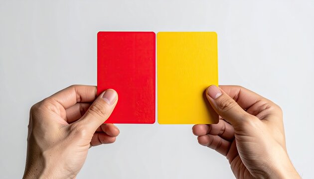 Two hands hold a red and yellow card