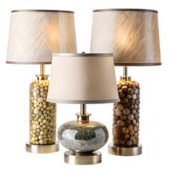 Three decorative table lamps with fabric shade isolated on transparent background