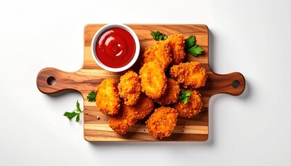 Crispy fried chicken pieces on a wooden board with ketchup (1)