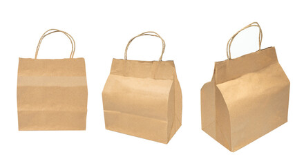 Collection set of blank empty plain brown paper shopping bags on a white background. Mockup, template, or copy space