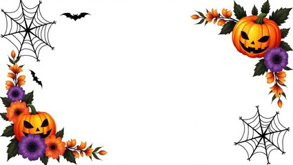 Halloween-themed illustration featuring vibrant pumpkins, colorful flowers, and spider webs, creating a festive atmosphere with decorative elements for seasonal celebrations and events