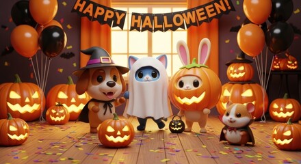 Naklejka premium Cute cartoon animals celebrating Halloween in a festive room decorated with pumpkins, balloons, and confetti, showcasing a joyful and playful atmosphere for the holiday season