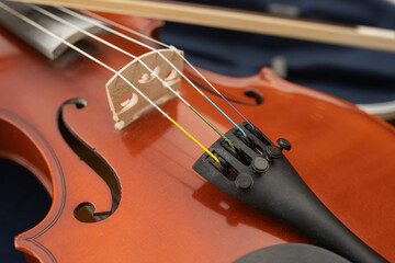 Fototapeta premium Close-up of a wooden violin showcasing the bridge, strings, and tuning pegs, highlighting craftsmanship and musical elements, perfect for music enthusiasts and instrument lovers
