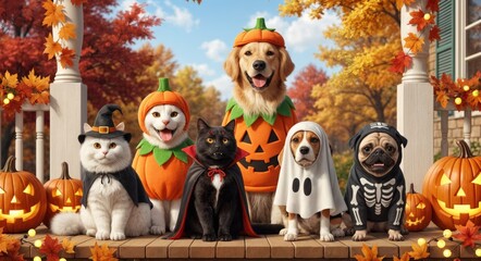 Naklejka premium Group of adorable pets dressed in Halloween costumes, including a golden retriever, cats, and dogs, surrounded by pumpkins and autumn foliage, celebrating festive season