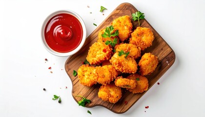 Crispy golden-brown chicken nuggets, piled high on a wooden board, with a small bowl of ketchup
