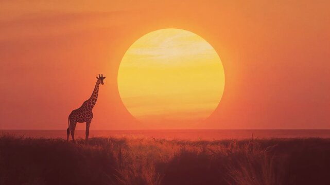 Weight shifting lone giraffe stepping slowly across savanna grassland at sunset, with glowing sun