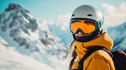 A young snowboarder wearing a helmet and goggles in the mountains
