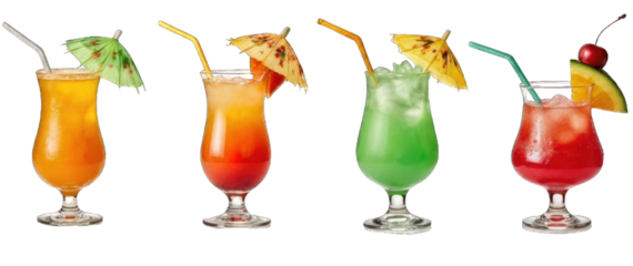 Colorful cocktails in elegant glasses with decorative umbrellas and straws, showcasing vibrant hues and refreshing textures, perfect for summer gatherings and celebrations