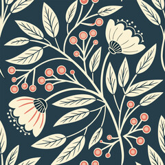 Scandinavian Folk Floral Seamless Pattern. A modern vector background with stylized flowers for fabric and packaging.
