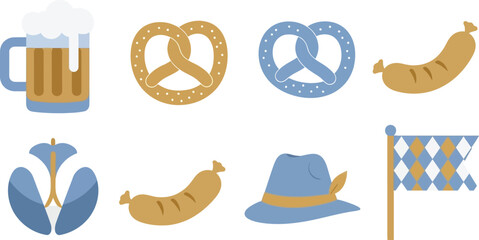 Oktoberfest Icons Beer Mug, Pretzels, Sausage, Hat, and Flag Vector Graphics