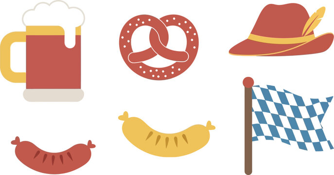 Collection of Traditional German Oktoberfest Symbols including Beer Mug, Pretzel, Sausage, Hat, and Flag on a white background