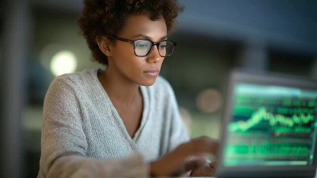 female trader scrolling through stock app glowing green charts reflecting on glasses soft keyboard clicks notification ping of price alert successful trade moment three quarter wid
