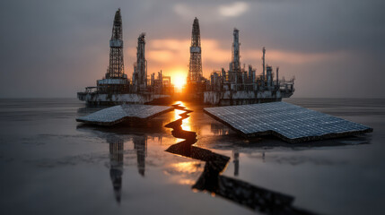 Collapse of oil and gas economies as humanity transitions to renewable energy sources at sunset