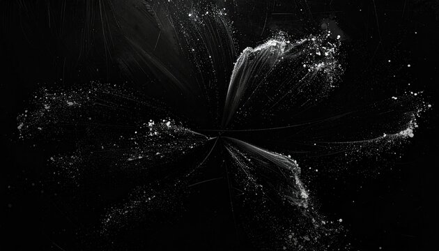 Abstract, light gray particles radiating outward from a central point on a black background