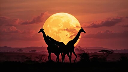 Stretching necks after moon glow intensifying, three giraffes separating on savannah with acacias - Powered by Adobe