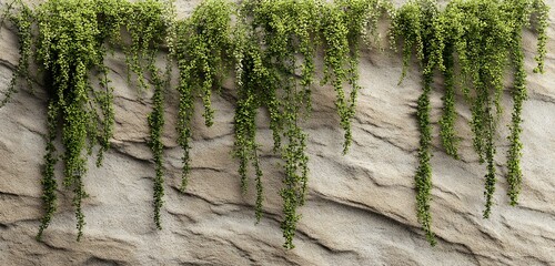 Clean biophilic design with trailing greenery over sandstone background