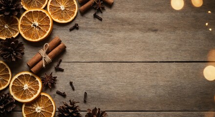 Flat lay dried orange slices with cinnamon and pinecones on rustic background