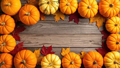Autumn pumpkins and leaves frame on rustic wood