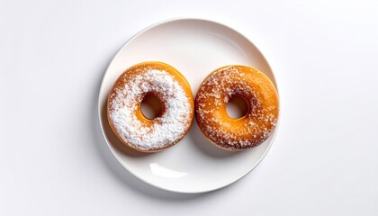 Two powdered donuts on a white plate
