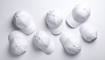 Seven white baseball caps arranged on a white surface