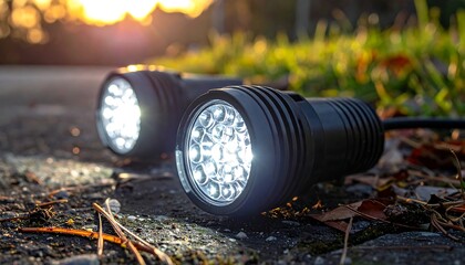 Obraz premium Close-up shot of two cylindrical LED lights resting on a brick surface. The sun provides backlighting, creating an atmospheric, warm glow