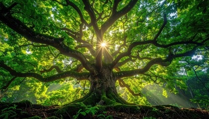 Lush green tree canopy, sunlight beams through leaves