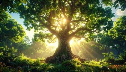 Lush, ancient tree bathed in sunlight in a vibrant forest