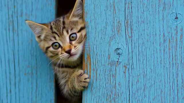 Curious kitten peering from behind a weathered blue wooden fence