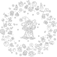 Fototapeta premium Happy little witch illusionist waving her magic wand and conjuring funny tricks with flying toys and sweets, black and white outline vector cartoon illustration for a coloring book page