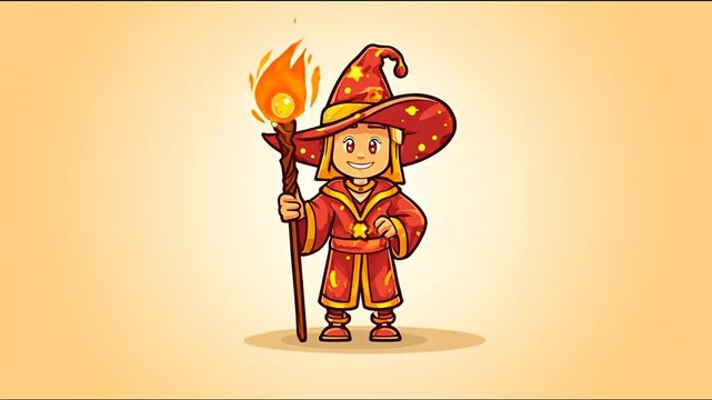 Cartoon wizard character with staff and fire in vibrant illustration