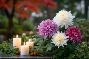 Chrysanthemums and candles on a grave for remembrance