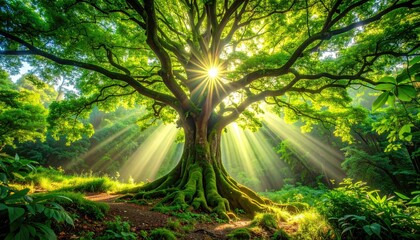 Lush green tree bathed in sunlight, vibrant foliage, spreading roots