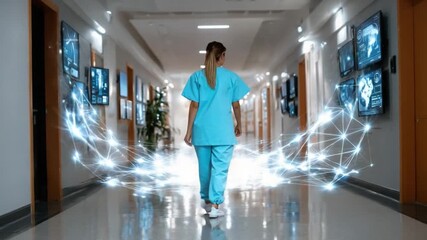 The Visionary Healthcare Professional: A female healthcare professional, viewed from the back, strides confidently down a pristine hospital corridor. - Powered by Adobe